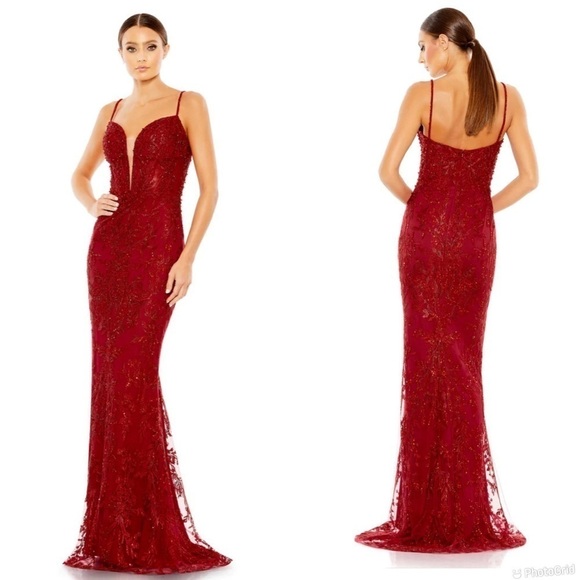 Mac Duggal Embellished Plunge Neck Illusion Mermaid Gown
